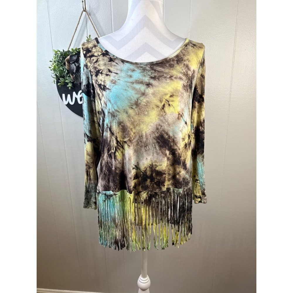 Tie-Dye Fringe Hem Long Sleeve Tunic Top Small By Entro